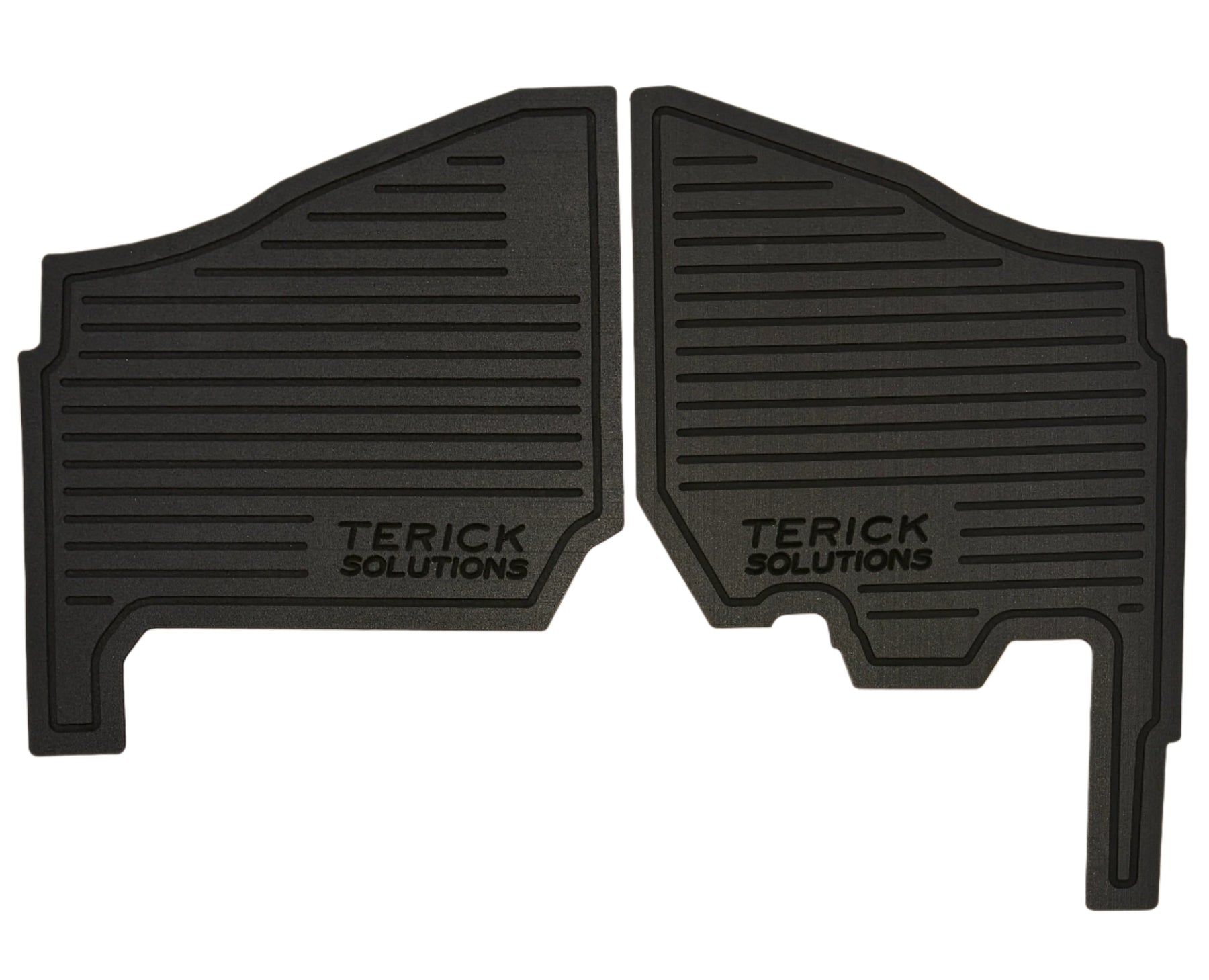 Two black rubber floor mats with 'Terick Solutions' branding on a beige background